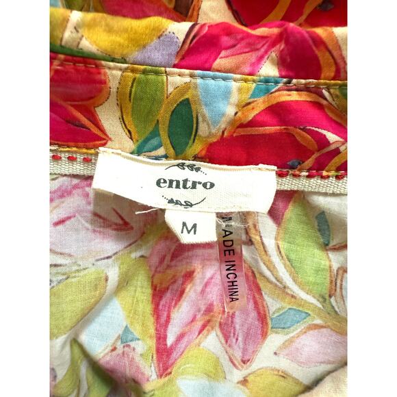 Entro Floral Button Dress Multicolor Collared Short Sleeve Tiered Hem Boho M - Picture 2 of 8